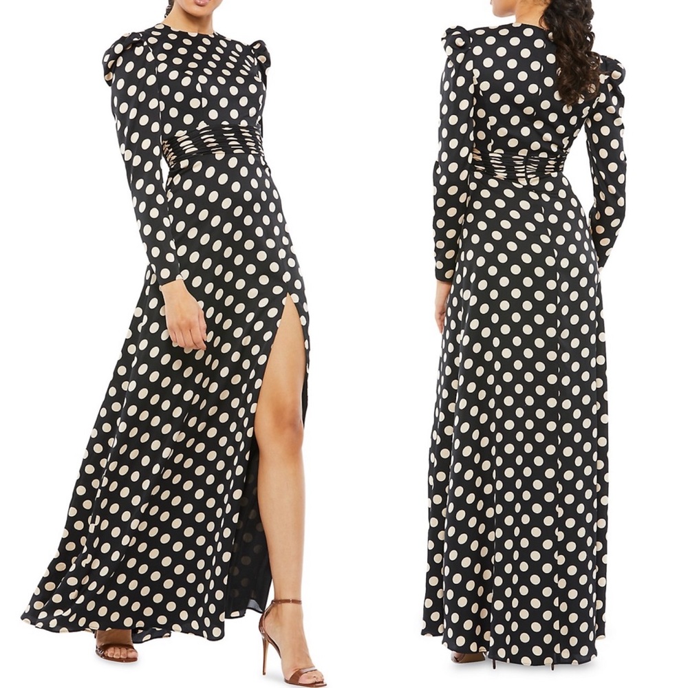 Mac Duggal Ieena Satin Long-Sleeve Black polka dot Gown sz 6